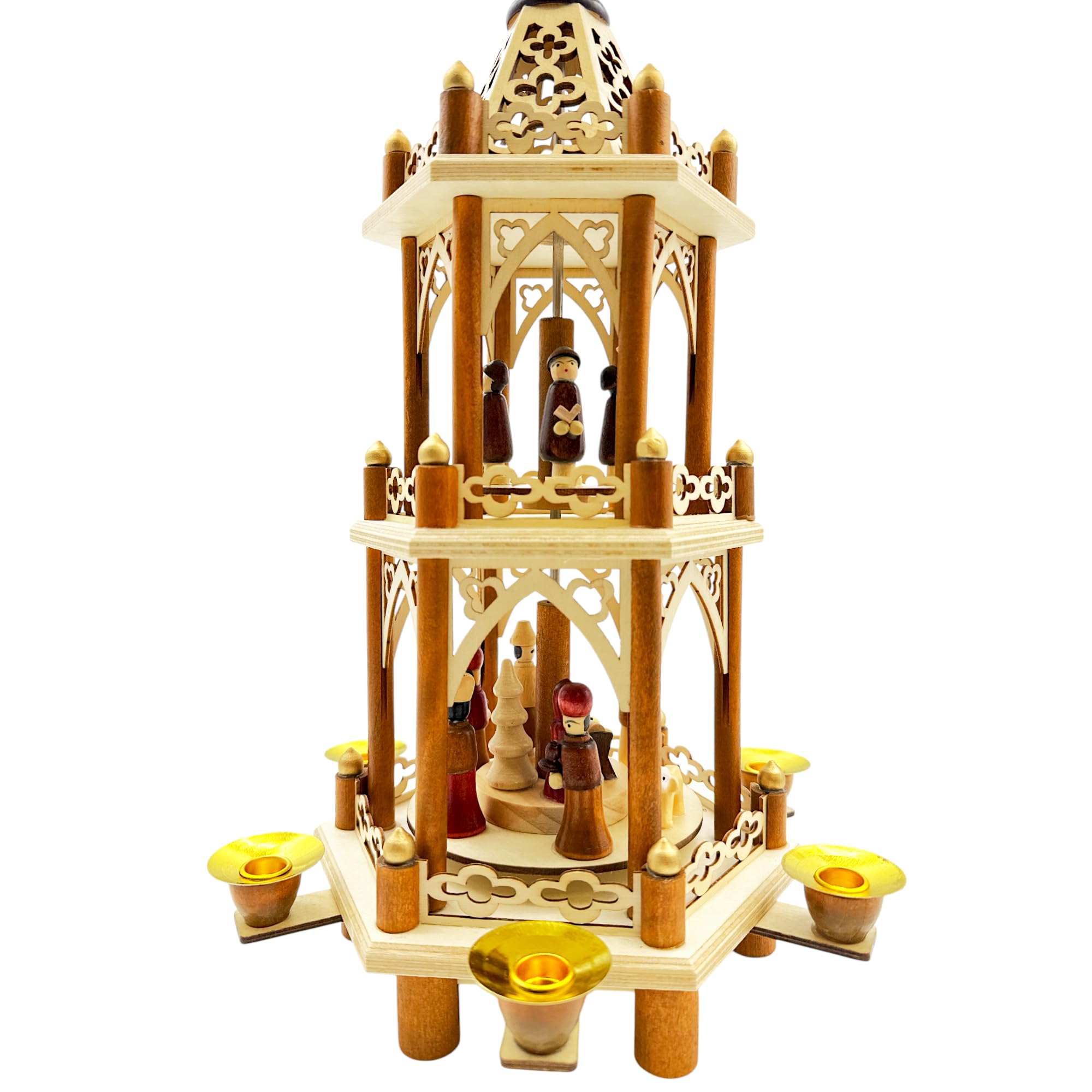 Wichtelstube-Kollektion Weihnachtspyramide Christi Geburt 3 Etagen Original 6 Pyramidenkerzen hochwertig Weihnachtsdeko Holz sehr leichtgängig Höhe 43cm