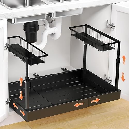 Aisslro Under Sink Organizer, 2 Tier Under the Sink Storage, Expandable Adjustable Slide Out Pull Out Under Cabinet Organizers Shelf, for Kitchen Bathroom Pantry Closet Organization, Black
