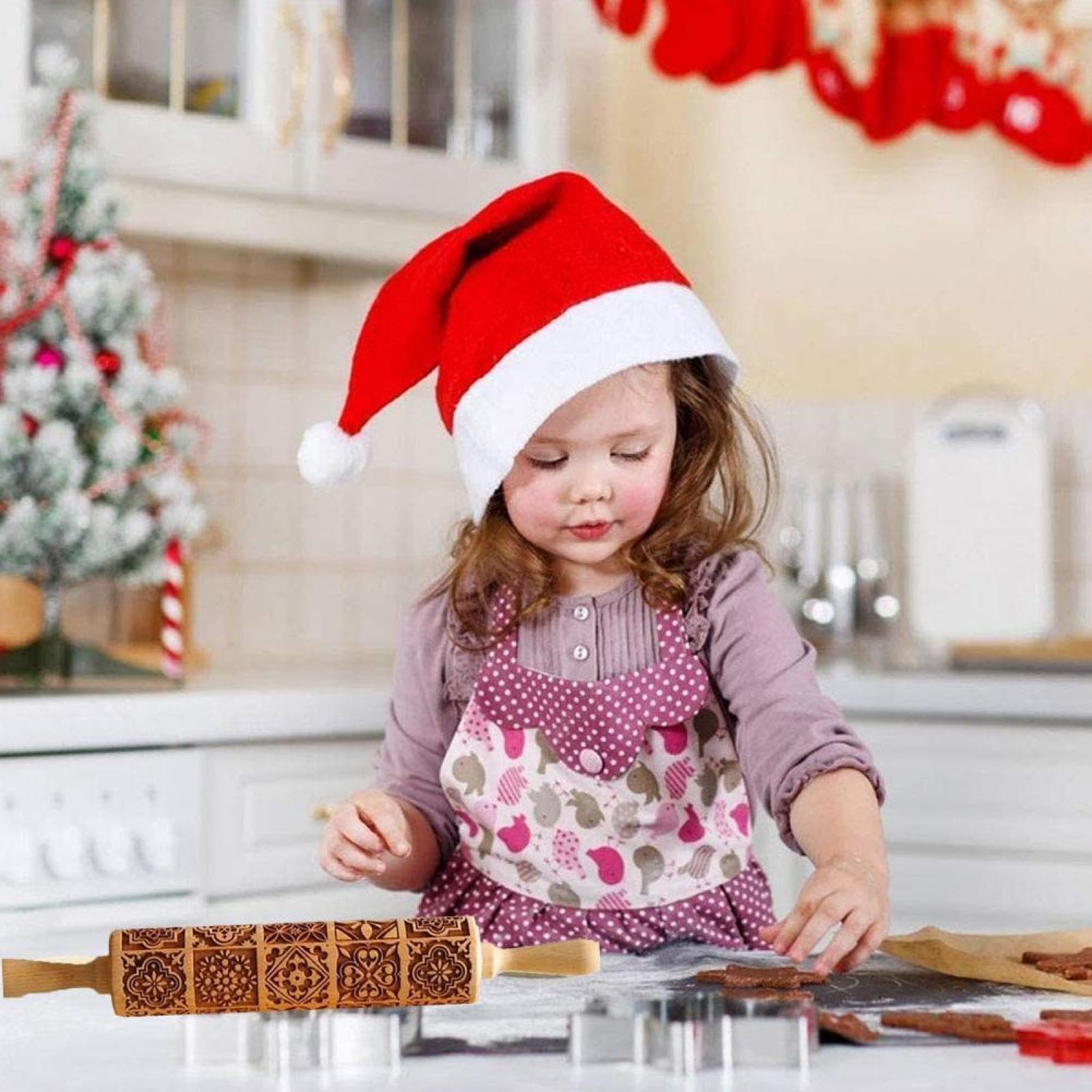 Navidad DIY en relieve rodillo, grabado en relieve Rodillo de amasar con diseño exquisito, herramientas for hornear con relieve de madera, molde for galletas con rejilla cuadrada grabada en masa