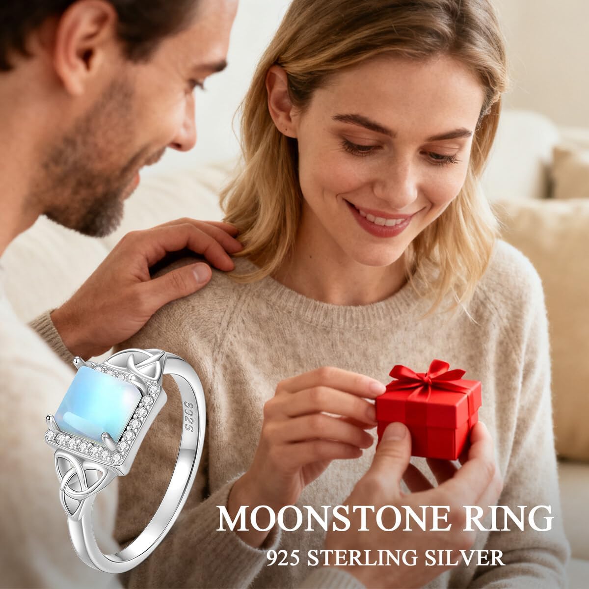 Moonstone Rings for Women 925 Sterling Silver Celtic Square Moonstone Ring Ladies Jewelry Gifts