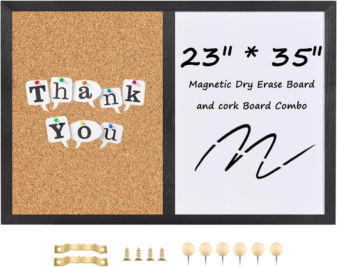 Bulletin Board Whiteboard Cork Board Combo for Office School Kitchen Bedroom, Black Wood Frame,23.6"*35.4",Whiteboard+Cork-6090BK