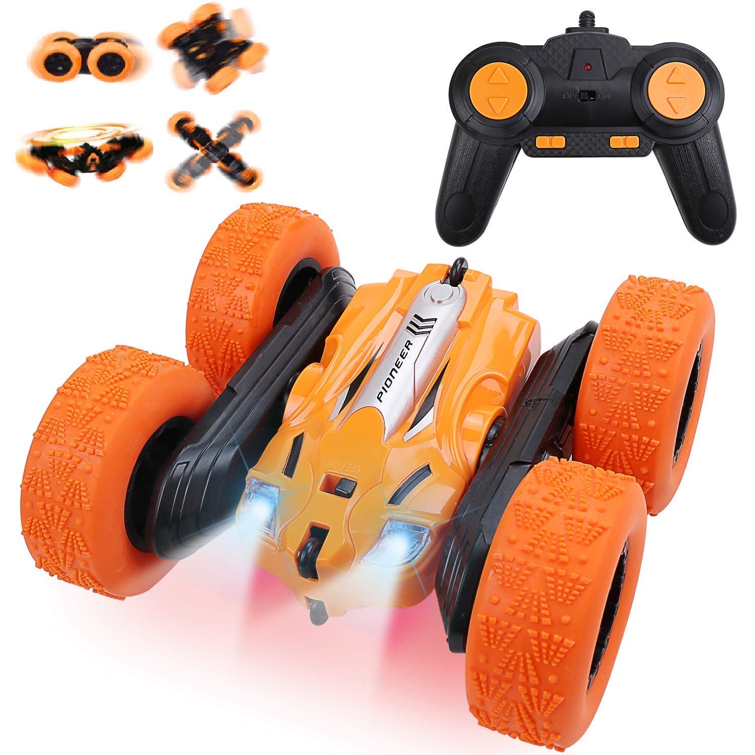 ROYALDEALS - RD Remote Control Car for Kids, Toys for 6 7 8 9-14 Year Old Boys, Double Sided 360°Rotating RC Cars, 4 Wheel Drive Stunt Car, All Terrain Tires, LEDs, Toy Car with 2 Rechargeable Battery