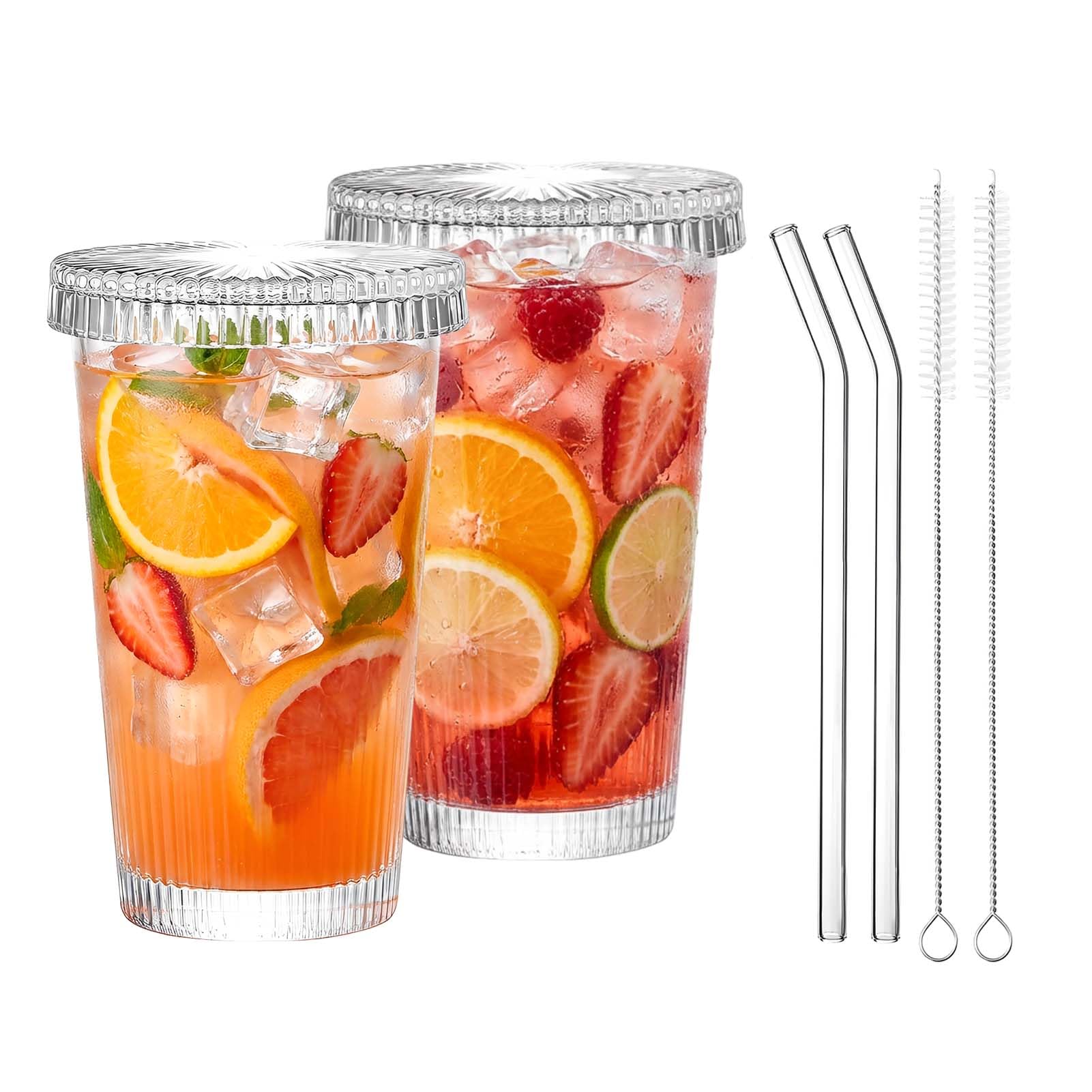 Haayymo 2Pcs 375ml Ribbed Glass Cups with Bamboo Lids and Straws, Set of 2 Glass Tumblers Iced Coffee Glasses, Reusable Clear Drinking Glasses for Iced Coffee, Ideal Wavy Cups with Straws