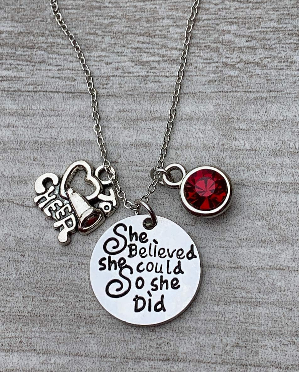 Infinity Collection - Personalized Cheer Charm Necklace with Birthstone Charm - 'She Believed She Could' Cheerleading Jewelry Gift for Cheerleaders - Image 2