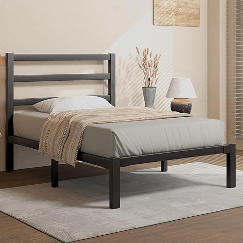 Base de cama de tamaño individual, marco de cama de plataforma metálica con cabecero y estribo, espacio de almacenamiento debajo de la cama, no