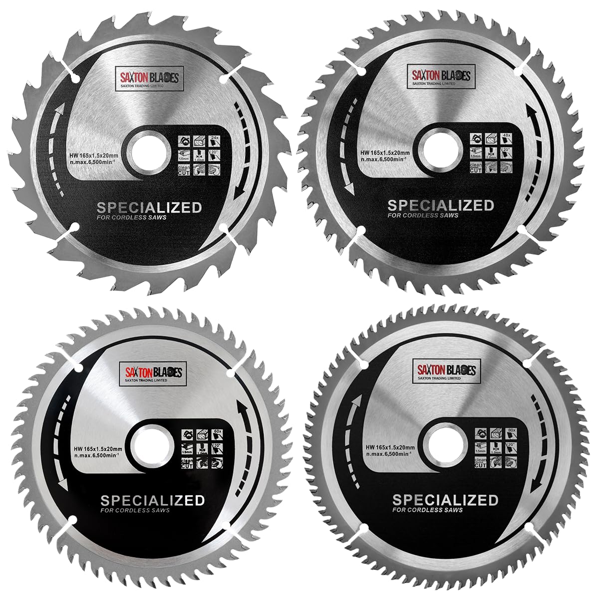 TCT165MXD Saxton 165mm TCT Thin Kerf Cordless Circular Saw Blade Pack D, Black