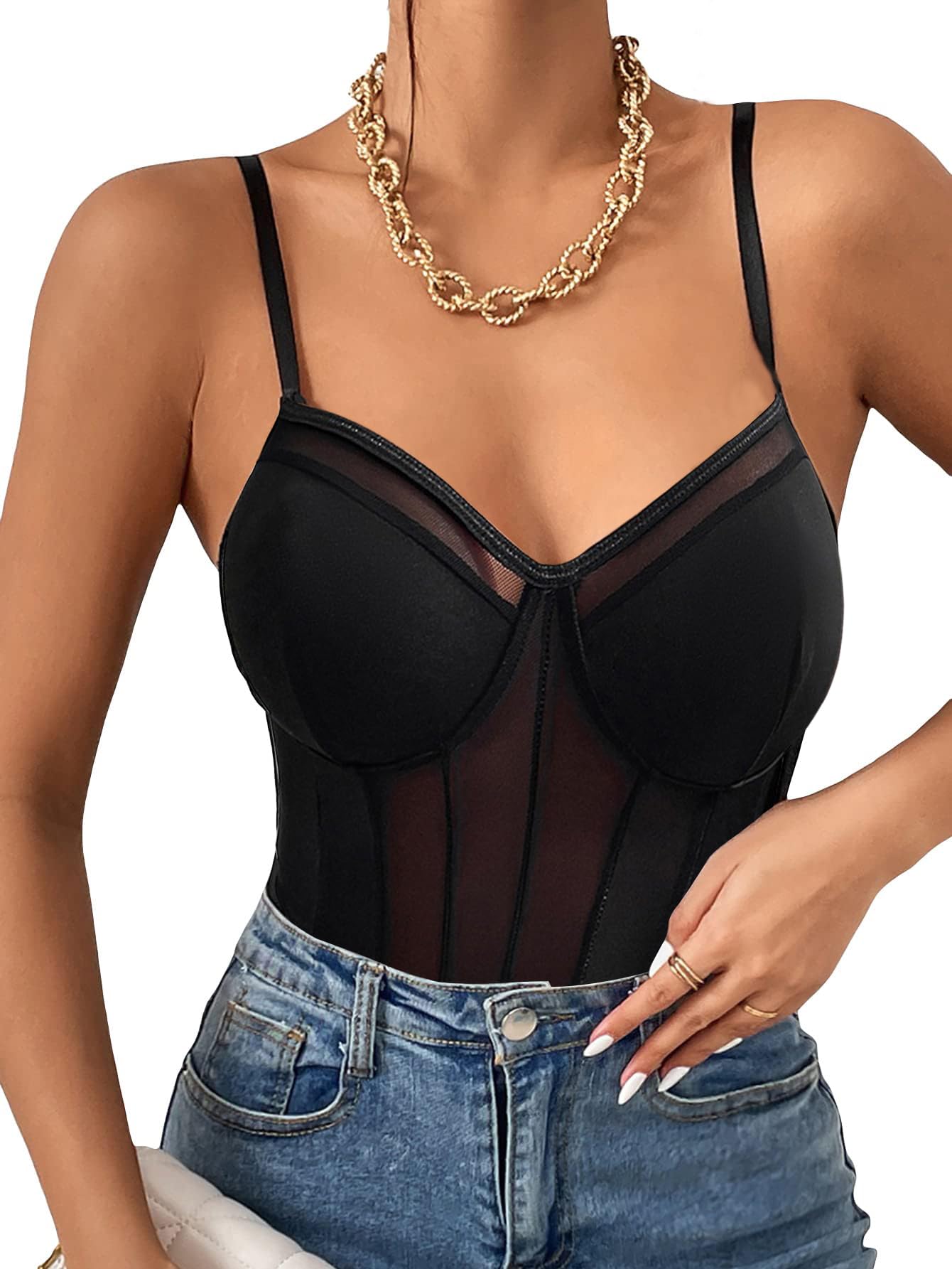 Body de malla transparente sin mangas con cuello en V y encaje transparente para mujer