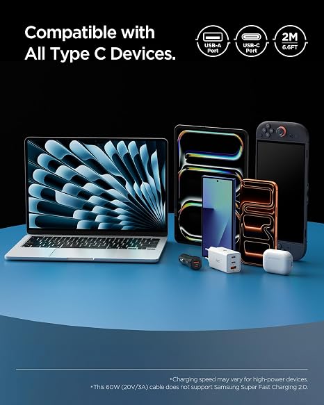 Spigen USB-A to USB-C 2 Meter Cable 60W Power/Fast Charging / 480 Mbps Data Transfer Speed Type-C Extra Durable White - ACA08716