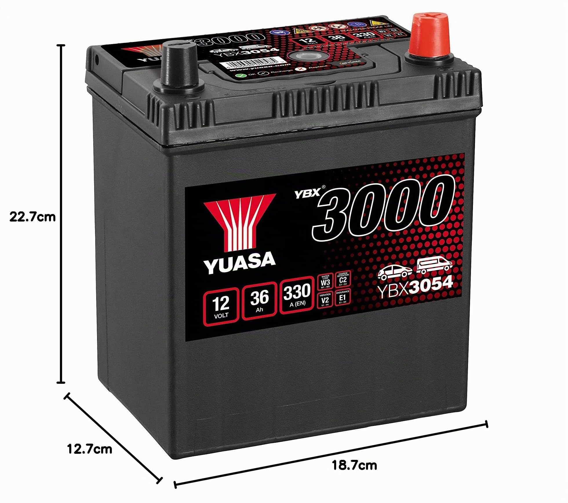 YUASA Batteria 36, Ah 330, A/EN YBX3054 L 187mm B 127mm H 227mm Compatibilità con HYUNDAI i10 PA, TOYOTA Yaris Hatchback P1, PEUGEOT iOn Hatchback, CITROËN C-Zero Hatchback, NISSAN MICRA IV K13, KIA