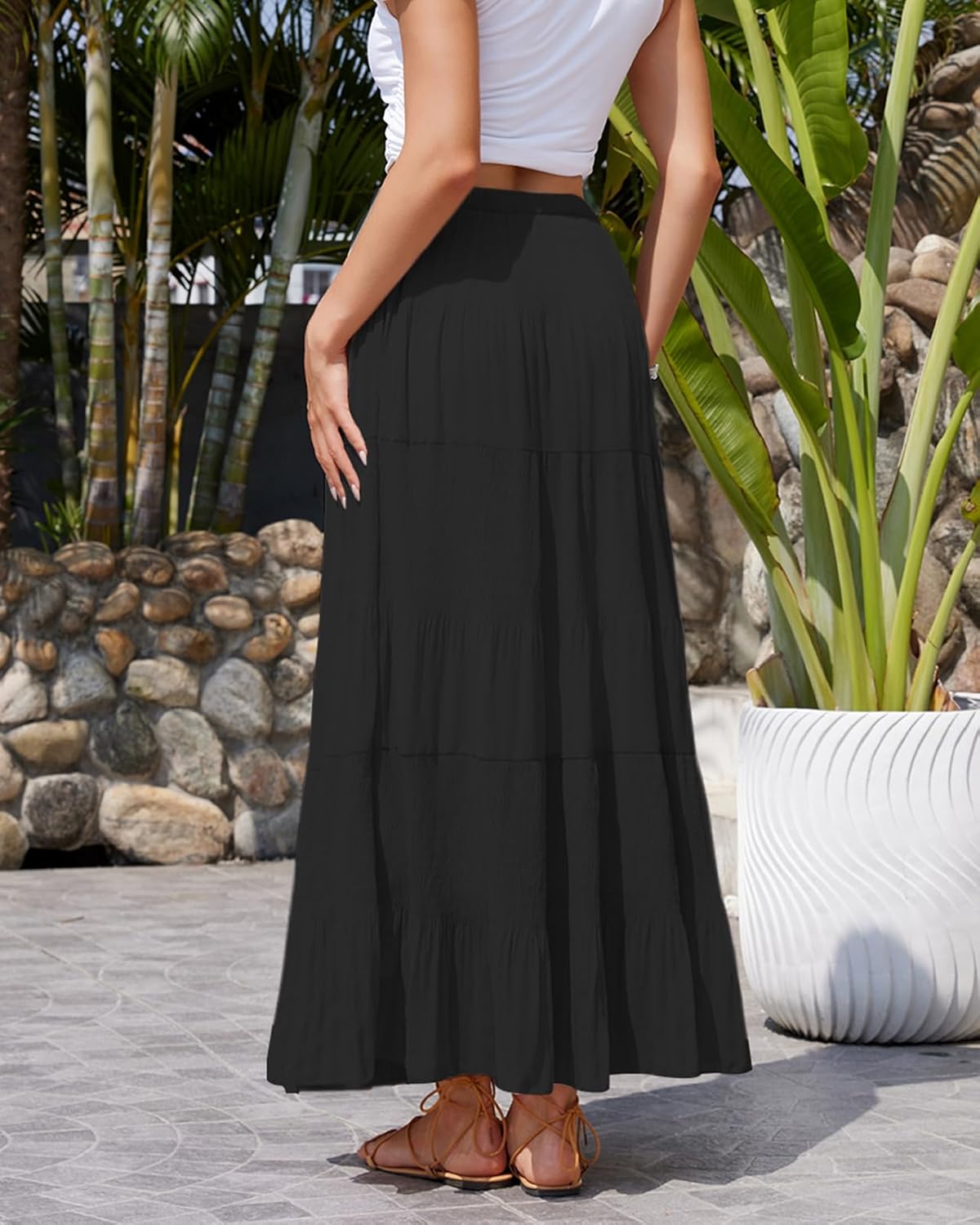 Women's Chiffon Pleated Maxi Skirt Elastic High Waisted Boho A-Line Fall Flowy White Long Skirts with Lining - Image 6