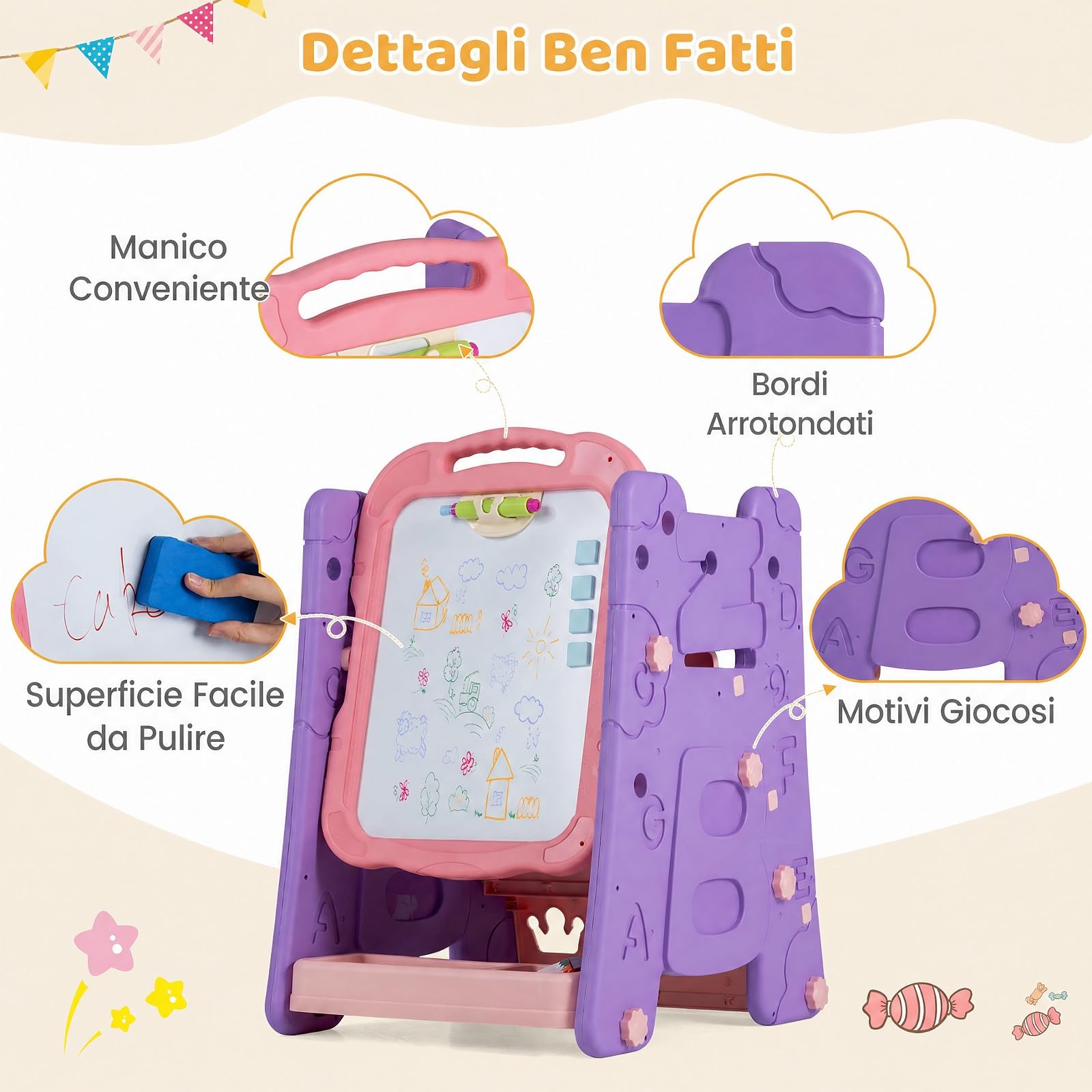 COSTWAY 3 in 1 Cavalletto per Bambini con Lavagna Bifacciale (Viola)