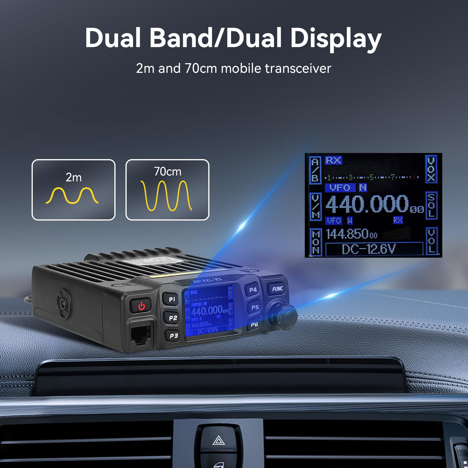 Retevis RT95 Dual Band Mobile Radio Dual Speaker Ricetrasmettitore portatile 200 Canali Display LCD girevole 180 Gradi 2 m 70 cm Mini Mobile Radio bidirezionale per RV 4x4 Offroad (1 Pack)