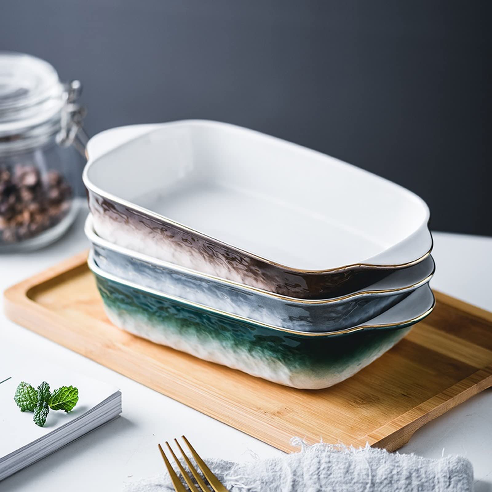 Obuuszne naczynie do pieczenia, naczynie do pieczenia Domowa blacha do pieczenia Kolor gradientu Złota krawędź Naczynie do pieczenia Ceramiczne naczynia do pieczenia Porcelanowe naczynia kuchenne (Kol