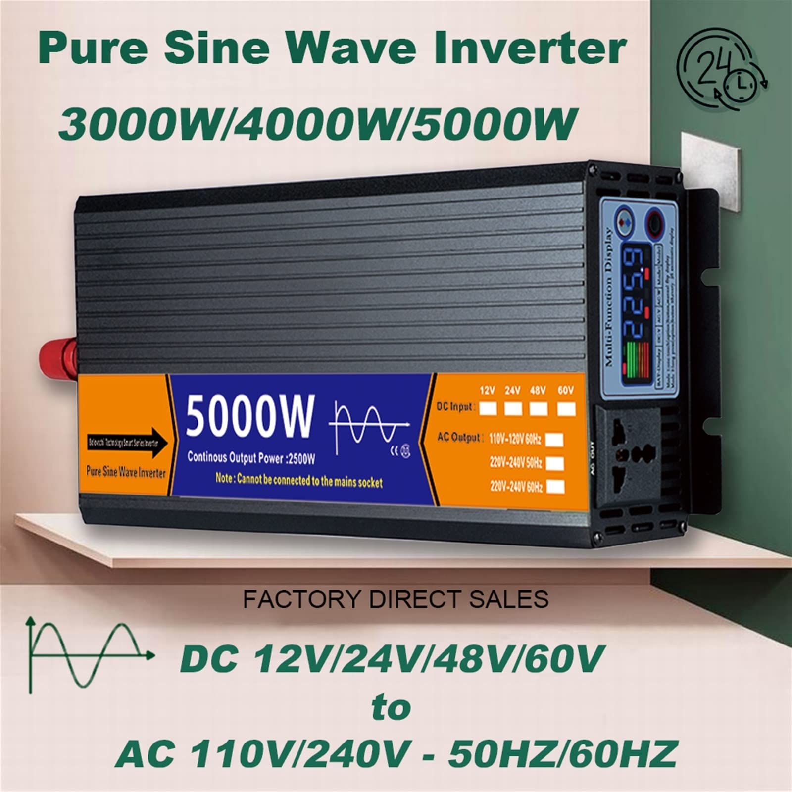 Przetwornica Napięcia, Czysta fala sinusoidalna przetwornica DC 12V/24V/48V/60V do AC 2000W 3000W 4000W 5000W transformator napięcia falownik solarny LCD(3000w,24V)