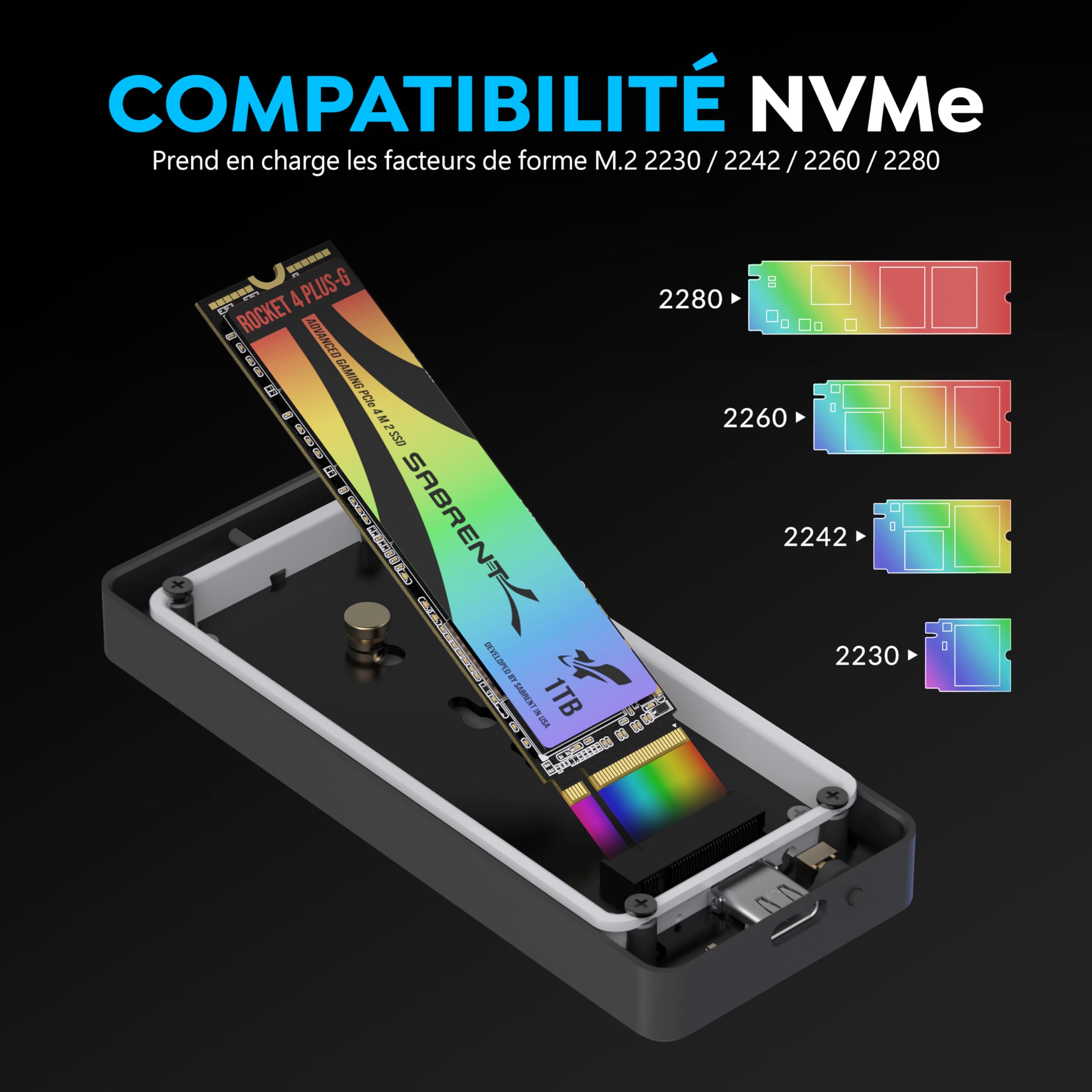 SABRENT Boitier SSD NVMe M.2, Adaptateur SSD M2 USB C 20Gbps USB 3.2 Gen2x2, Boitier NVMe Externe en Aluminium Durable pour PCIe, M.2 SATA, M Key/M+B Key 2230/2242/2260/2280 (EC-RGBG)