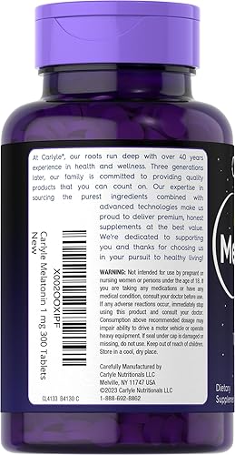 Miniatura 3 de Carlyle Melatonina 1 mg | 300 tabletas de baja dosis | Ayuda sin medicamentos | Vegetariano, sin OMG, sin gluten
