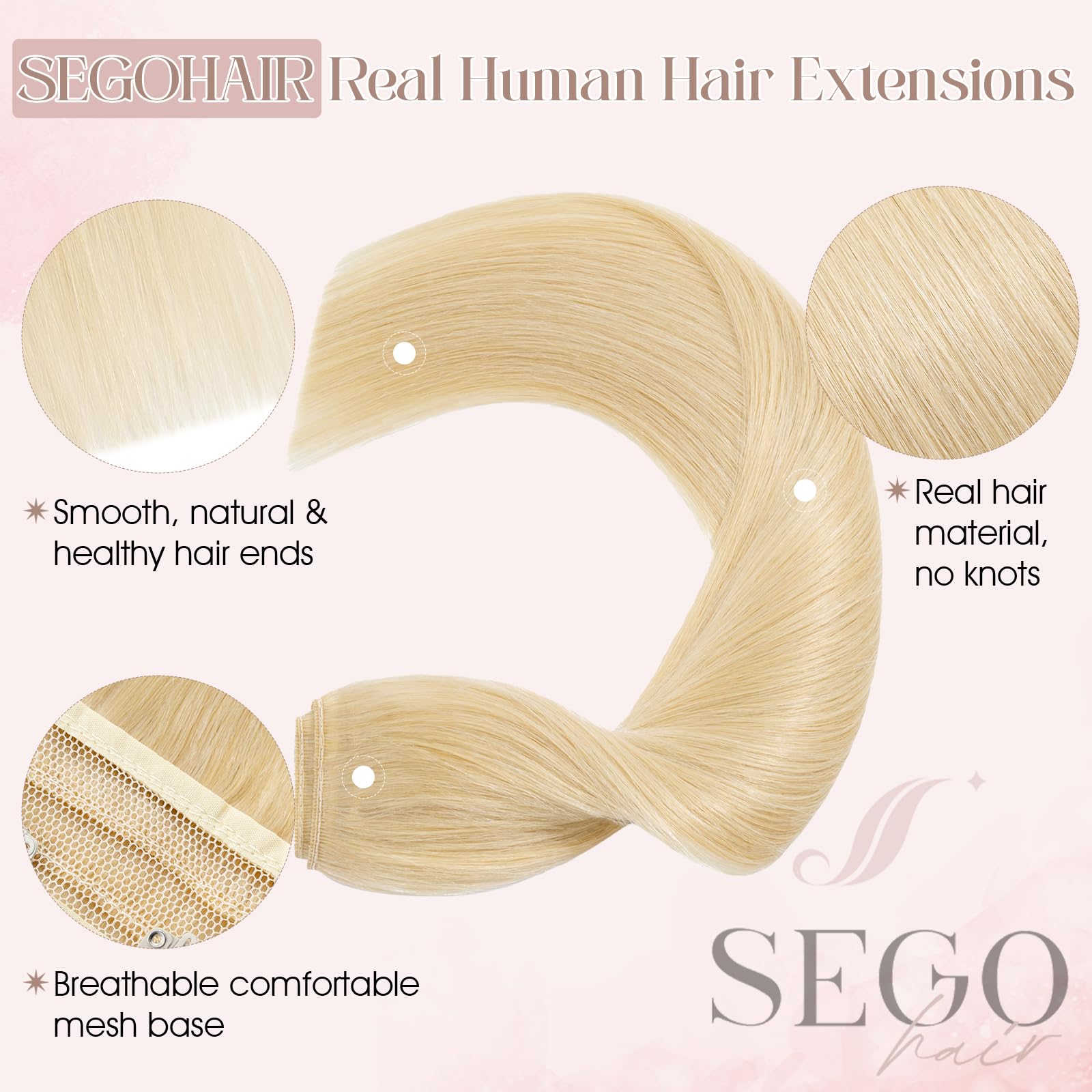 SEGOHAIR Clip in Hair Extensions, Real Human Remy Hair, 20" One Piece, Seamless, Bleach Blonde (50g) - Image 3
