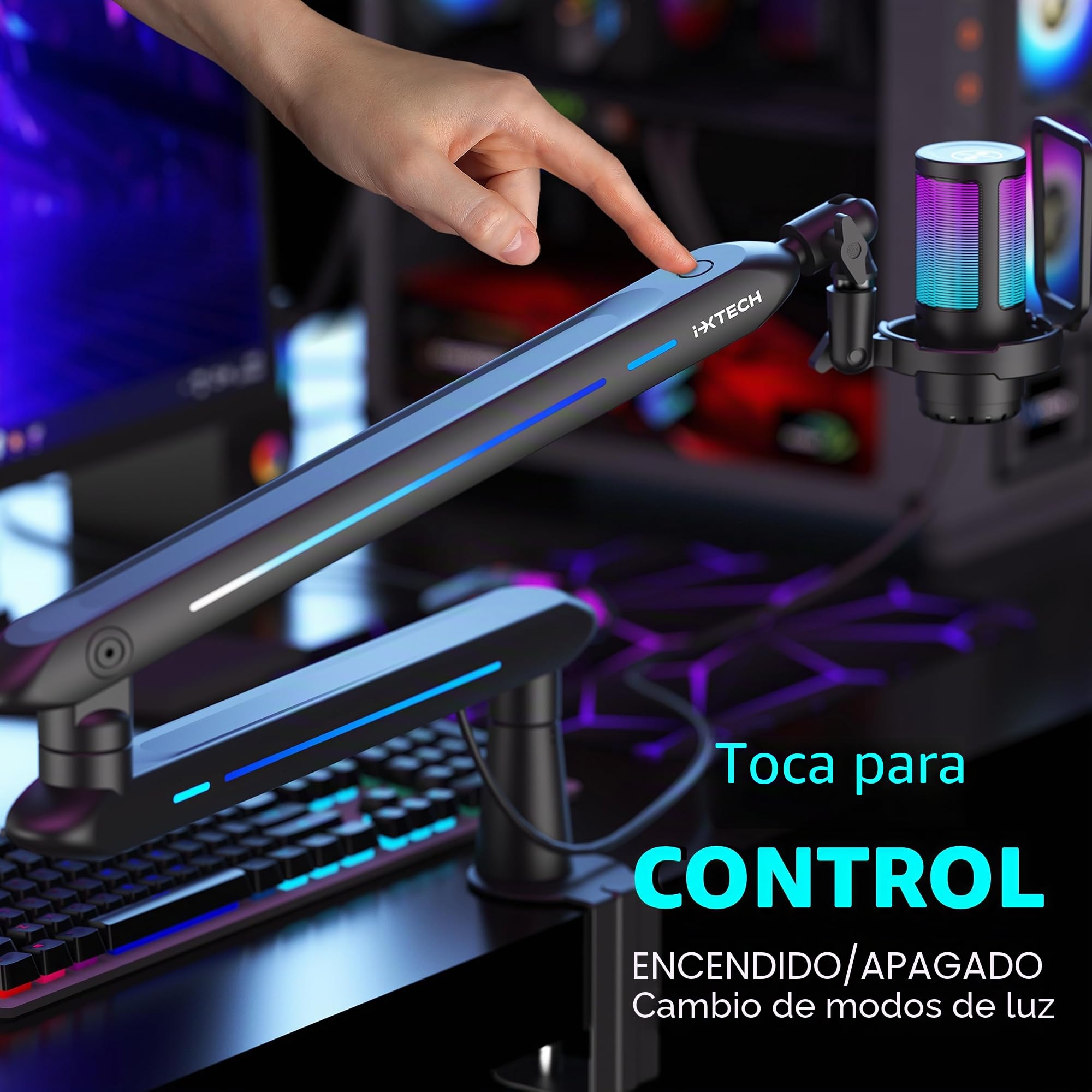 IXTECH Brazo de brazo RGB de perfil bajo para micrófono, soporte de brazo de micrófono ajustable con abrazadera de montaje en escritorio, soporte giratorio para micrófono con gestión de cables para