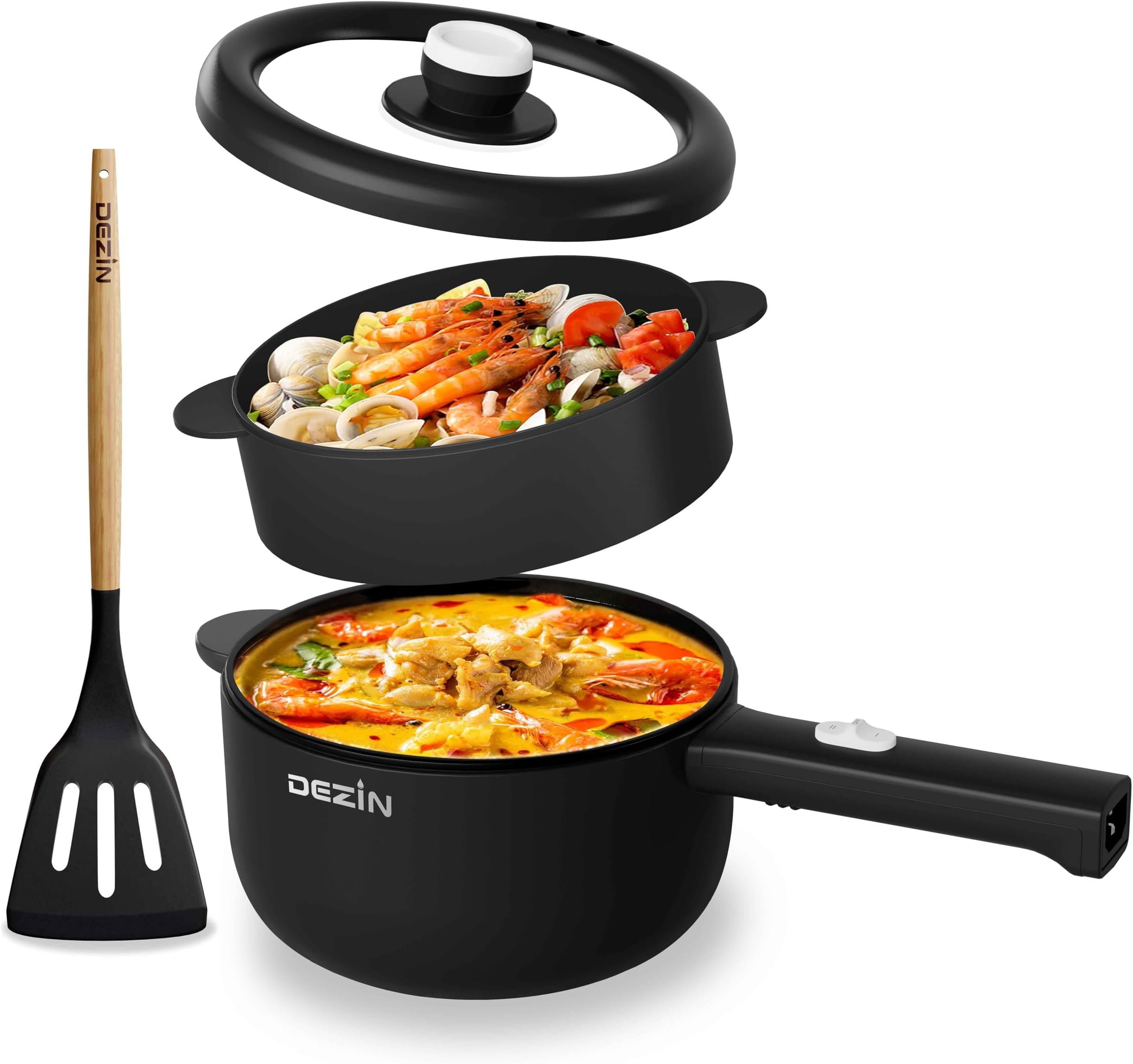 Dezin Hot Pot Electric, 2L Non-Stick Sauté Pan, Rapid Noodles Cooker, Mini Portable Pot for Steak, Egg, Fried Rice, Ramen, Oatmeal, Soup with Power Adjustment & Spatula, College Dorm Room Essential