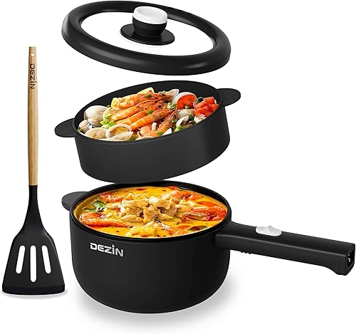 Dezin Cocina eléctrica, sartén antiadherente de 2 L, olla rápida de fideos, mini olla para carne, huevo, arroz frito, ramen, avena, sopa con ajuste