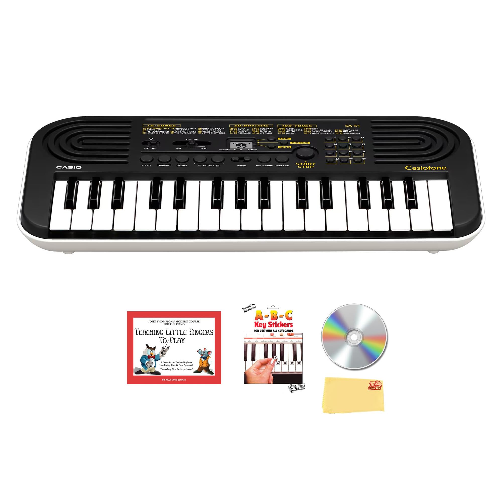 Casio Casiotone SA-51 32-Key Mini Keyboard - Black Bundle with Key Stickers, Instructional Book & DVD, and Austin Bazaar Polishing Cloth