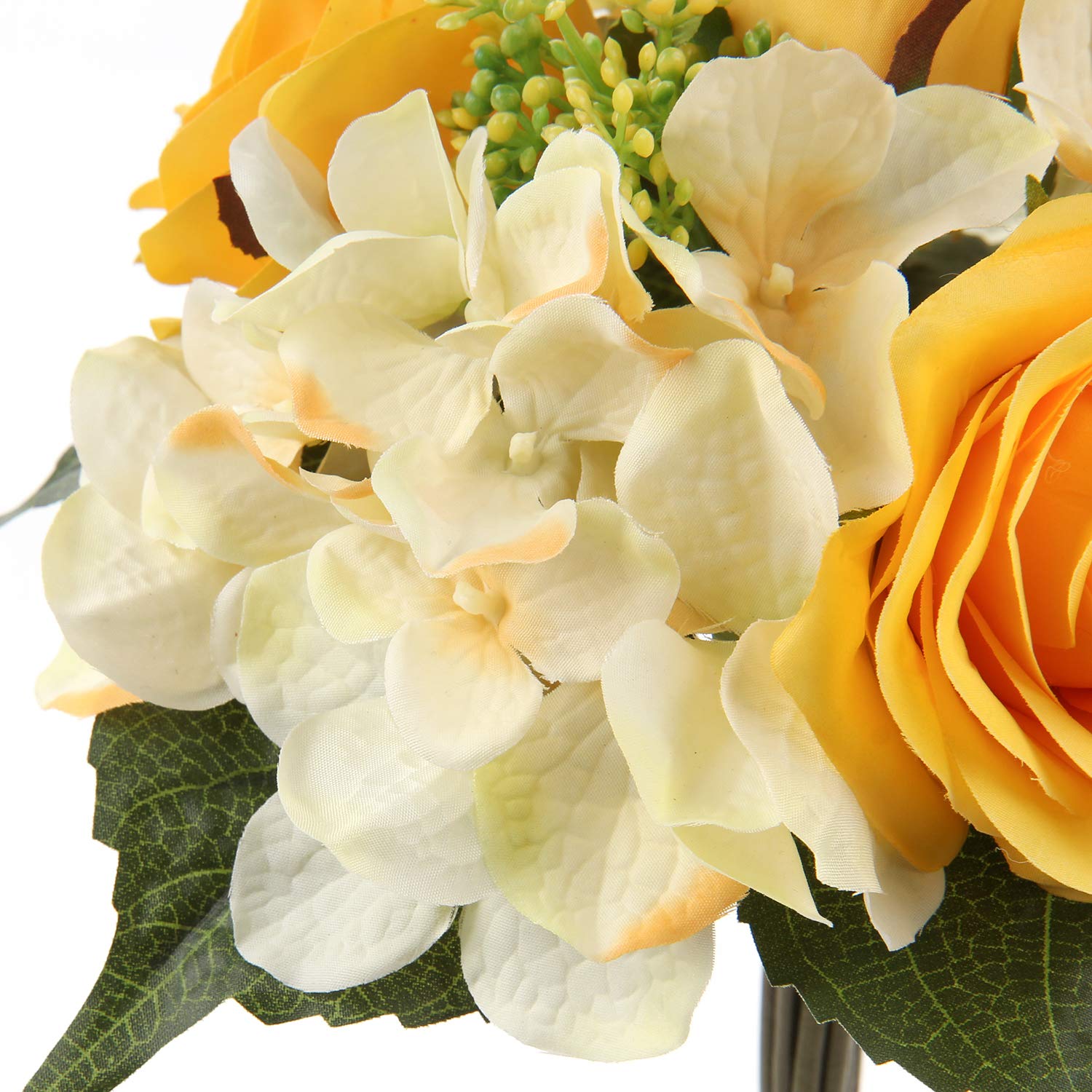DILATATA Bouquet di rose artificiali in seta, 30,5 cm, fiori finti gialli, per festa della mamma, matrimoni, feste, festival, decorazioni, rose finte e ortensia, confezione da 4