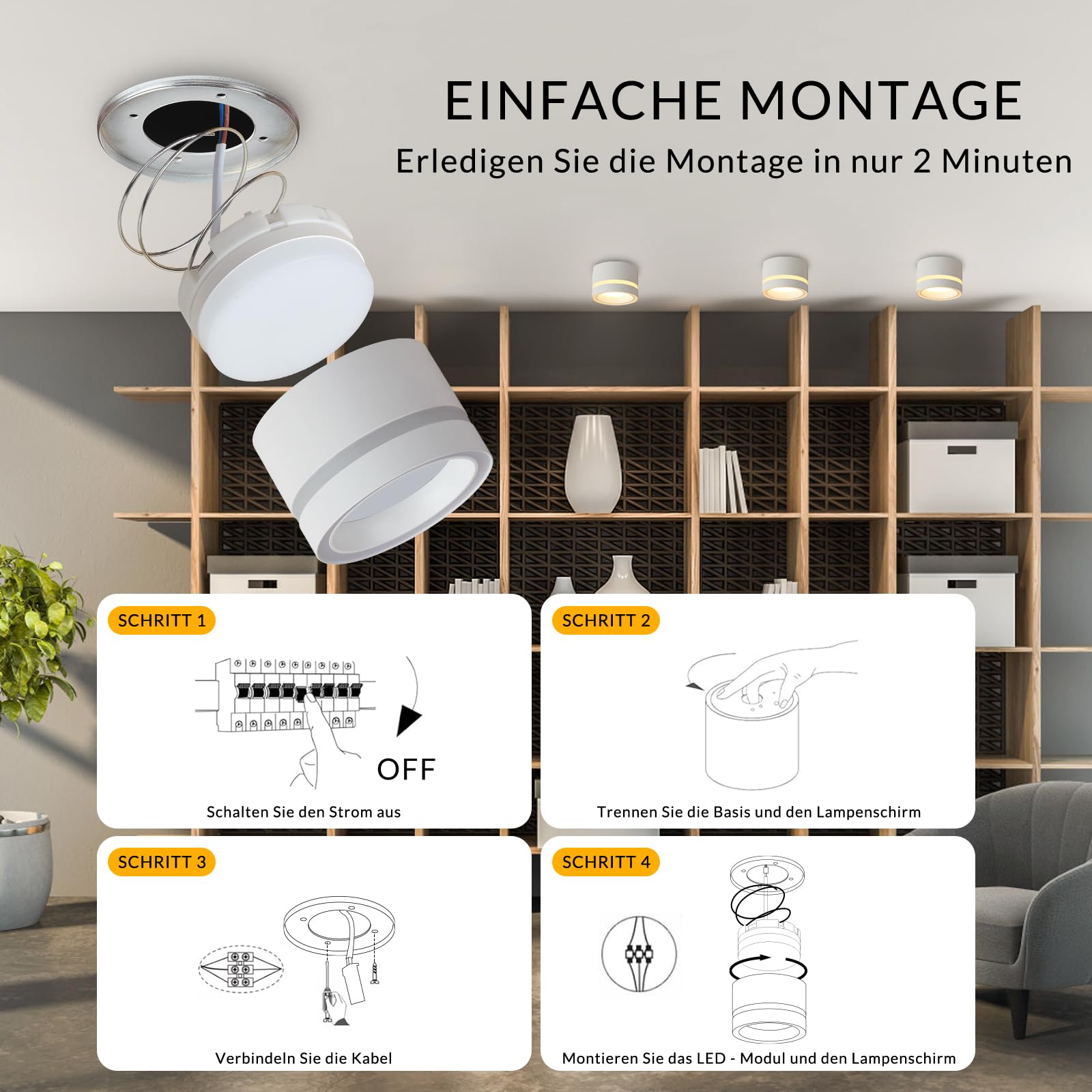 HCFEI LED Aufbauspots IP44 - Ø85*55mm Deckenspots - 6W 600LM GX53 LED Aufbaustrahler - Aluminium Aufputz 230V Aufbauleuchte Deckenlampe für Bad Badezimmer (Weiß 2700k 4 Stück)