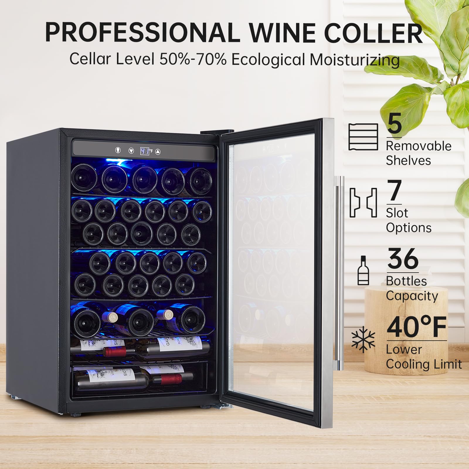 Garvee Wine Fridge 36 Bottle, Wine Cooler Refrigerator with 40~61°F Digital Temperature Control, Wine Refrigerator Freestanding for Red White Wine, Champagne, Beer with Blue Interior Light