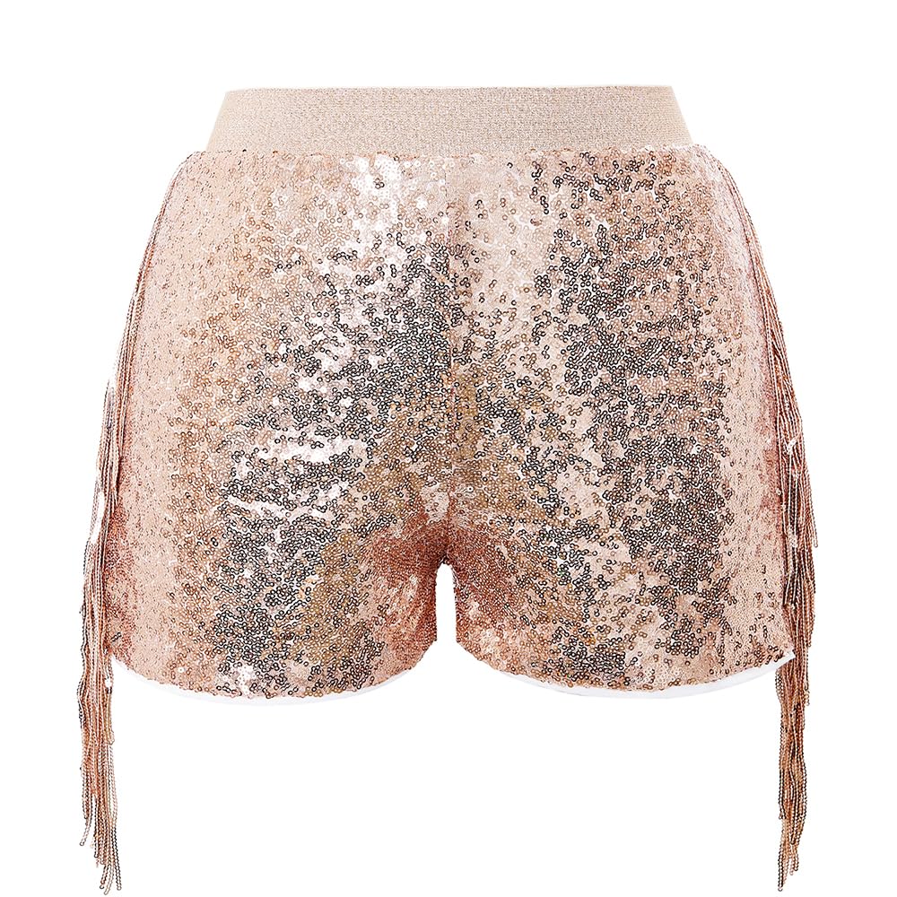 CHENBAO Women Shorts Tessel Trendy Sequin Sparkle Short Pants Ladies Birthday Party Shorts Summer Junior Dance Halloween Christmas Clothes Rose Gold XL