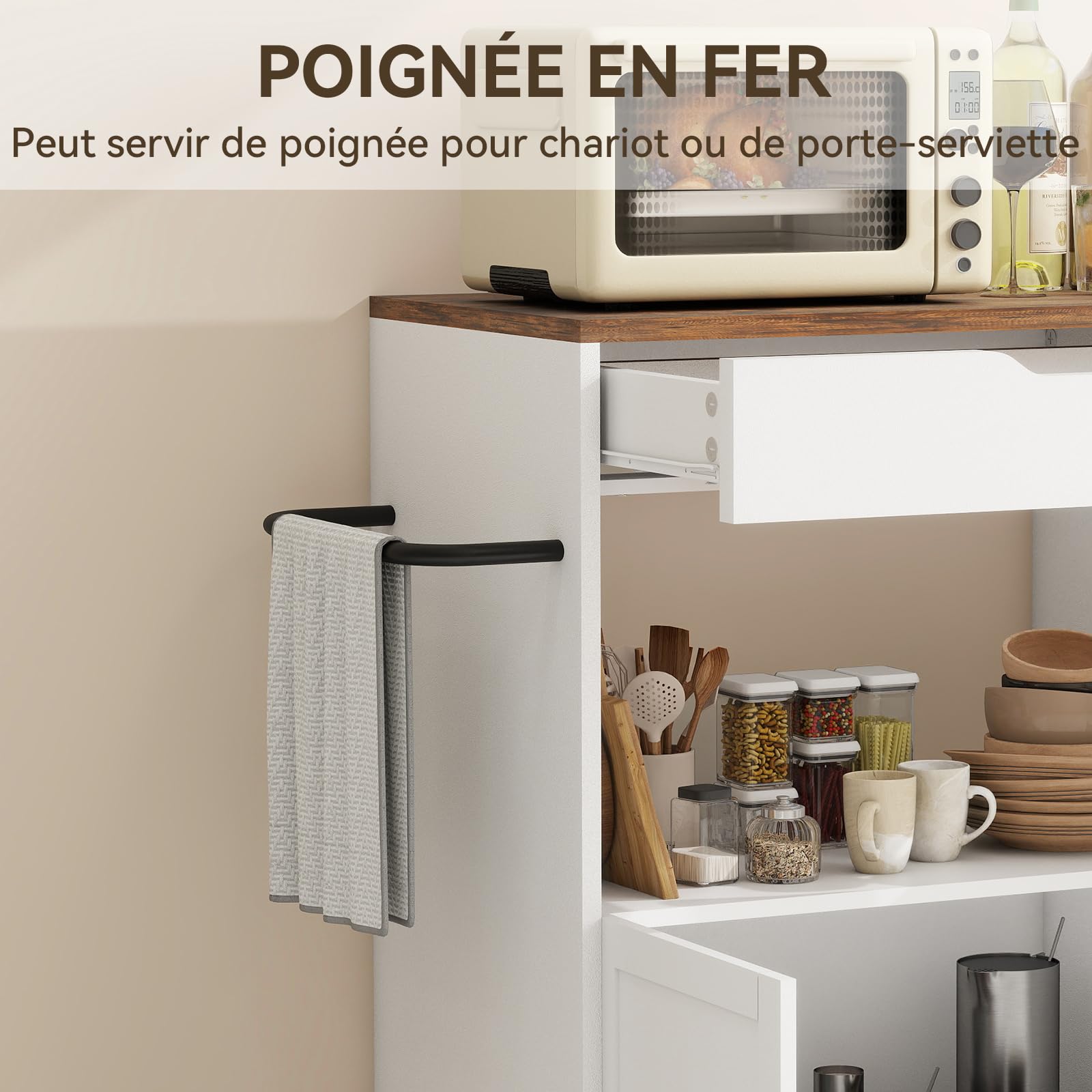 YU YUSING Desserte Cuisine à roulettes avec Plan de Travail Extensible 104x40cm, 4 Étagères, 2 Tiroirs, 1 Porte, Îlot Central Cuisine Mobile, Meuble Micro-Ondes, Blanc/Marron
