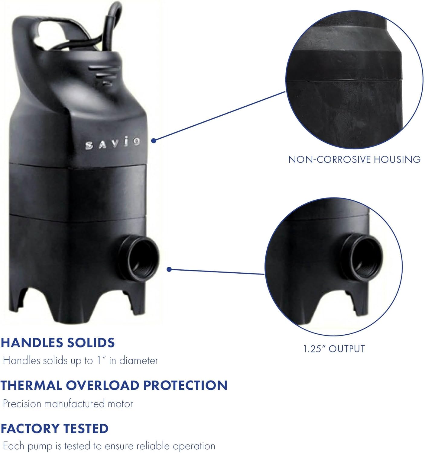 Savio Water Master Pump Features: Non-Corrosive Housing and 1.25 inch Output