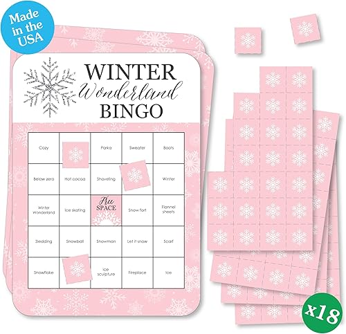 Miniatura 7 de Big Dot of Happiness Pink Winter Wonderland - Tarjetas de bingo y marcadores - Fiesta de cumpleaños de copo de nieve y juego de bingo para baby