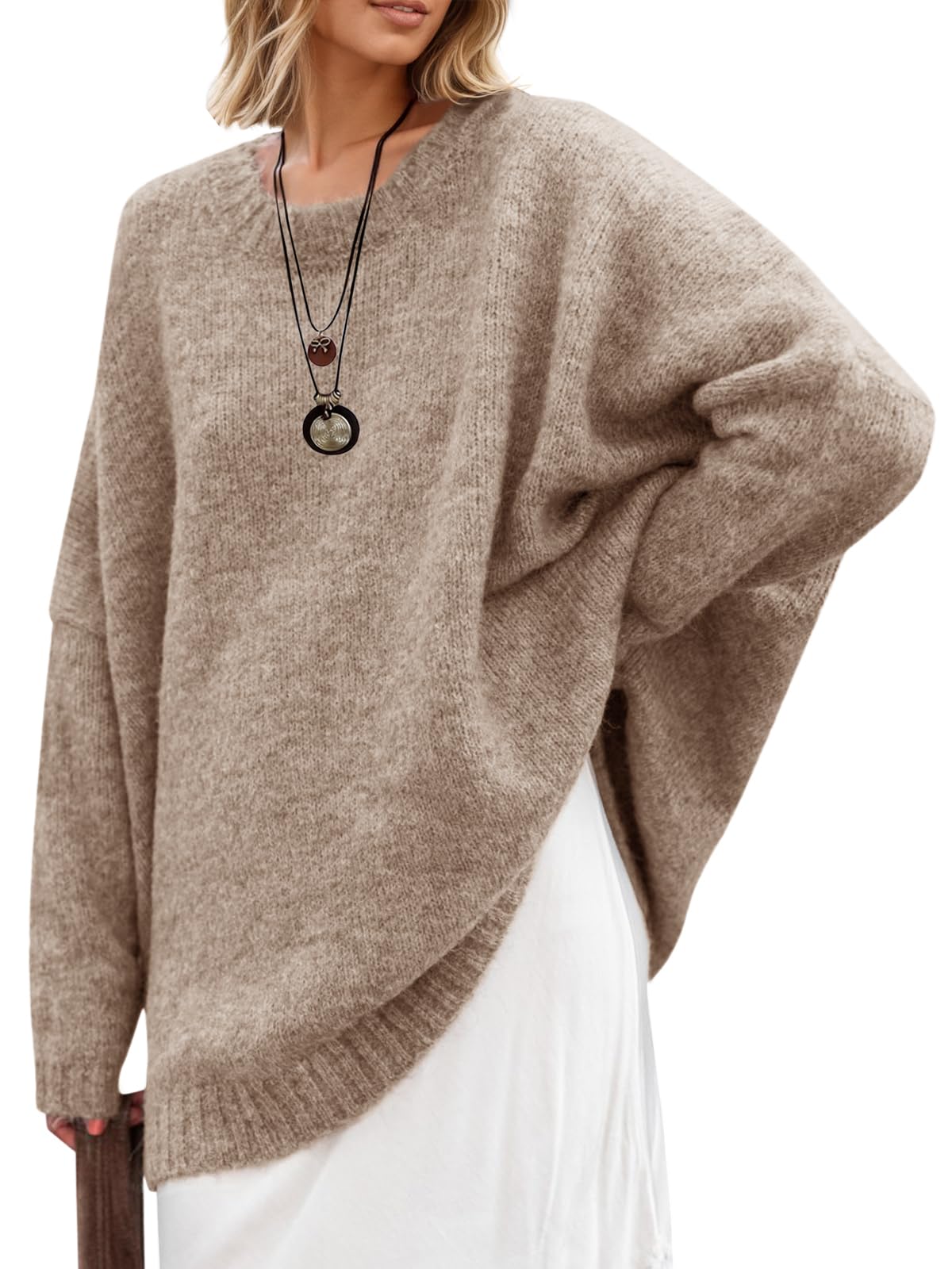 Saodimallsu Womens Oversized Tunic Sweaters Long Sleeve Crew Neck Chunky Knit Slouchy Casual Pullover Sweater Tops