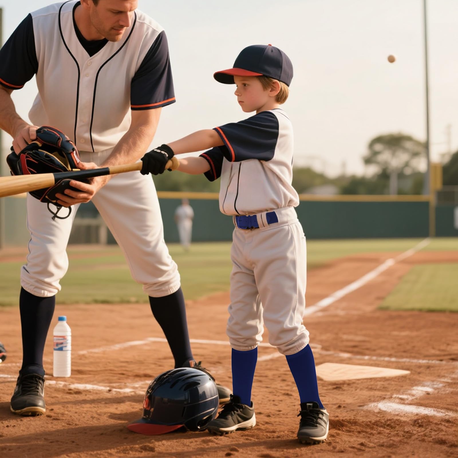 Mikovivi Młodzieżowy Zestaw Skarpetek Baseballowych Paska i Piłki dla Dzieci, Dziecięce Skarpetki do Softballu Regulowany Pasek i Baseball dla Chłopców Dziewcząt (Ciemnoniebieski, S)