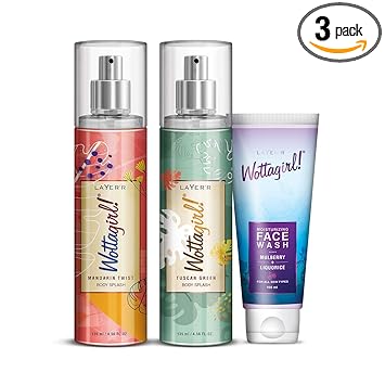 Layerr Wottagirl Mandarin Twist Body Splash for women 135ml with Tuscan Green Body Splash for women 135ml & Get Wottagirl Face Wash 100ml