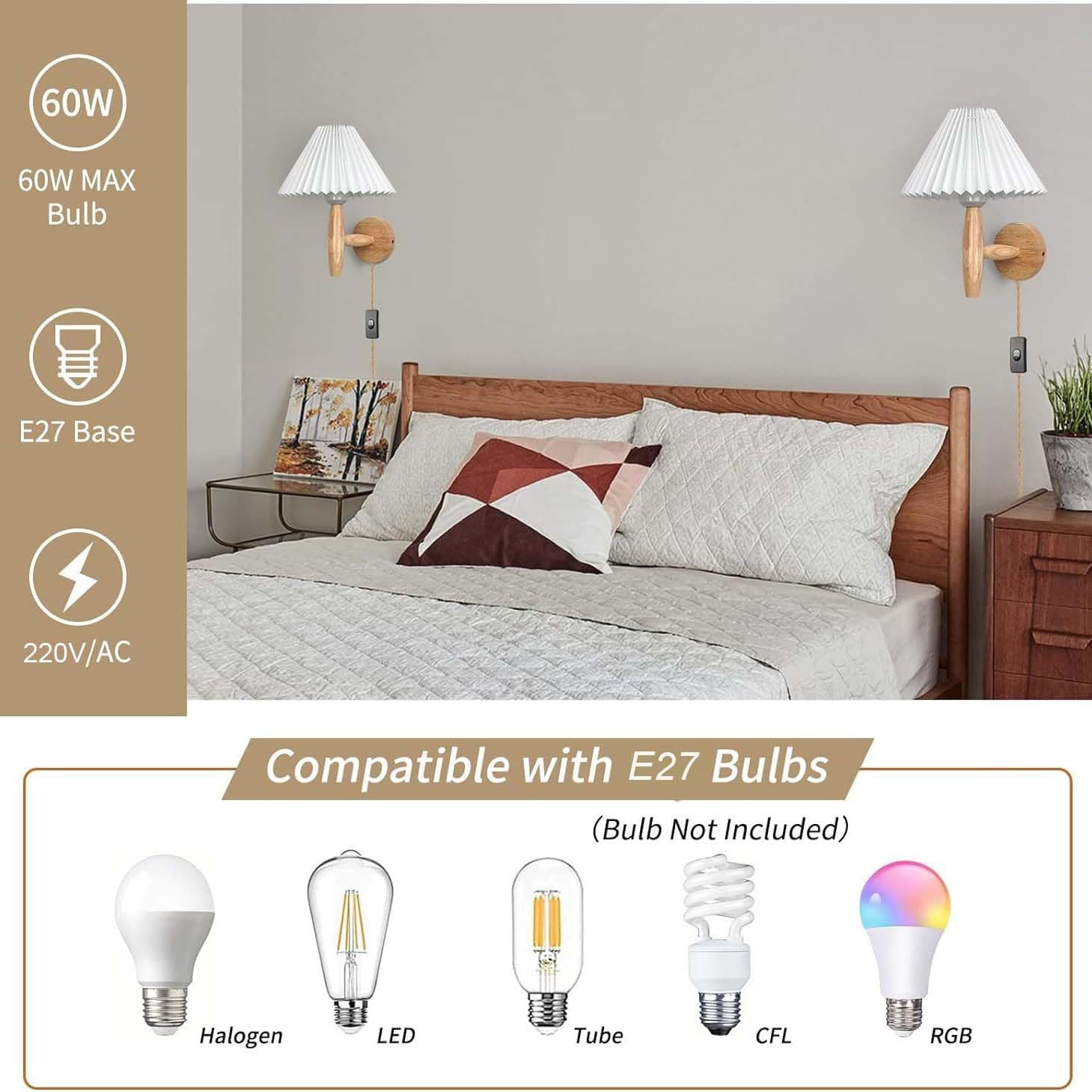 AoLa Holz Wandleuchte mit Weißer Stoffschirm E27 Vintage Wandlampe mit 2.5M Hanfseil Kabel und Schalter Plissiertem Design Nachttischlampe Innen Rustikal für Loft Schlafzimmer Wohnzimmer Flur,1 Stück