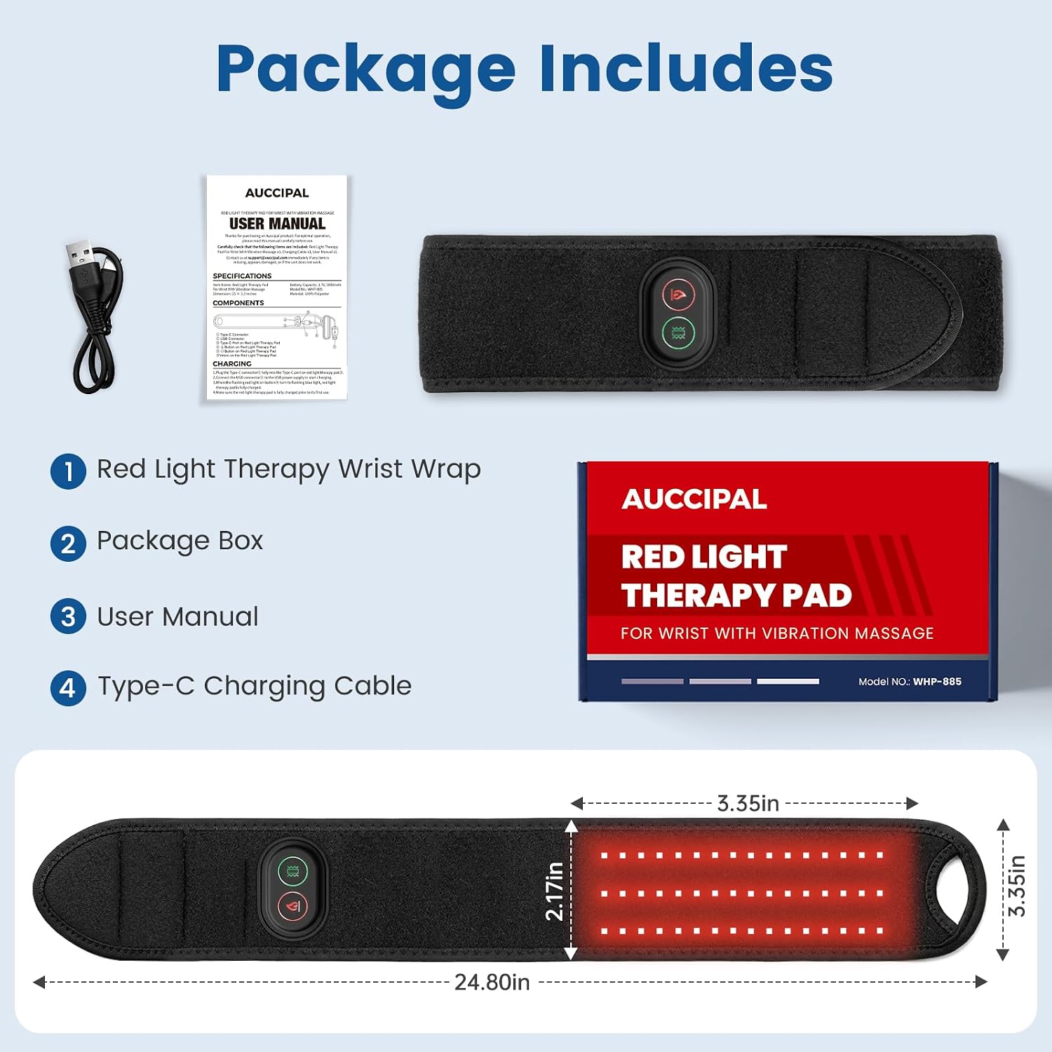 Red Light Therapy for Wrist with Massage, 660nm & 850nm Near Infrared Light Device, Heated Wrist Brace for Carpal Tunnel, 3 Light & Vibration Massage Settings, 3000mAh