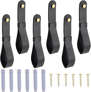 WADORN 6Pcs Curtain Rod Holders PU Leather Wall Mount Brackets 7x1.3x0.39 Inch PU Leather Hook Lanyard with Screws for Hanging Towel Oars Home Bathroom Kitchen Bedroom, Black