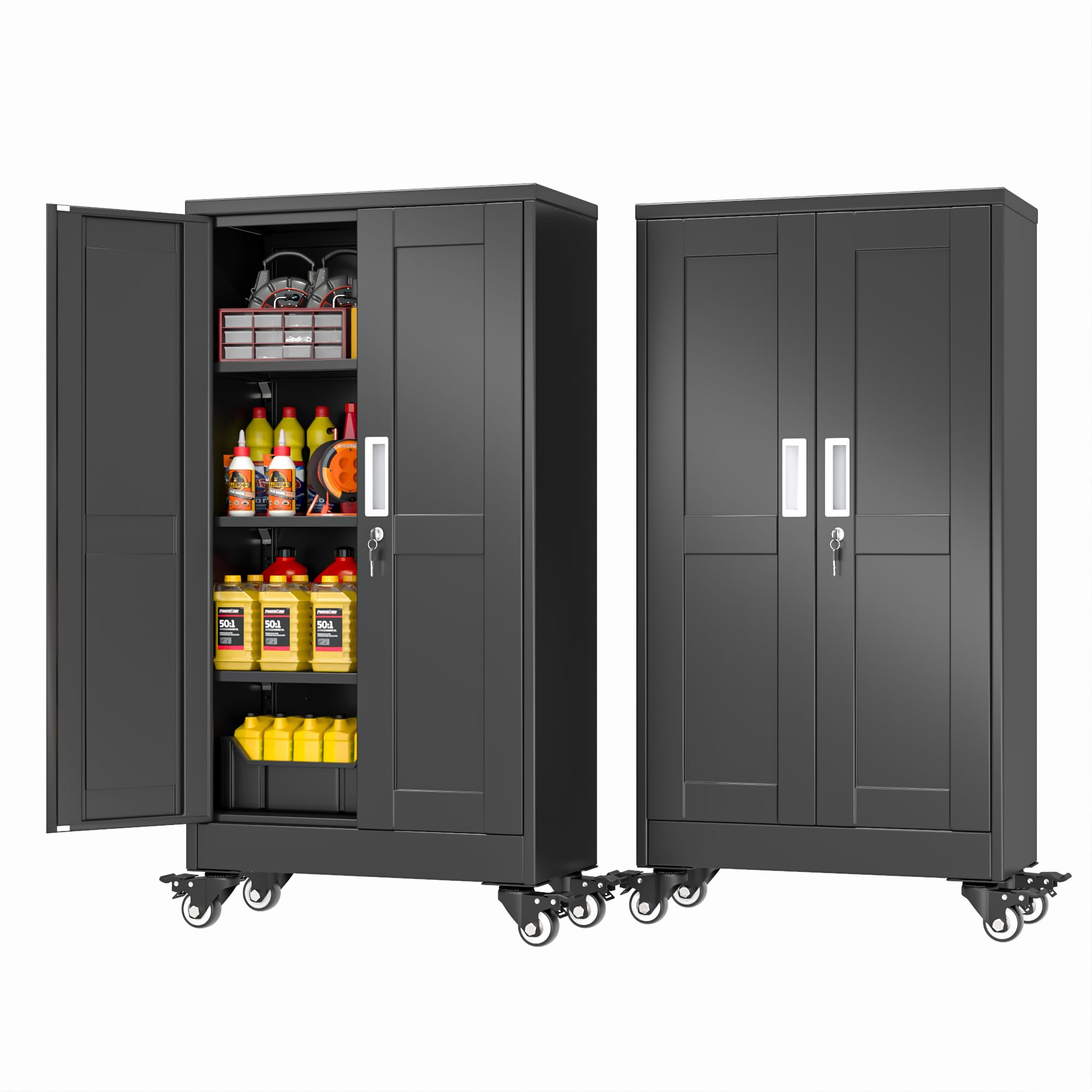 PAOFIN Metal Garage Storage Cabinet with Wheels,Steel File Cabinets with 2 Doors and 3 Adjustable Shelves for Home Office, Warehouse, Required Assembly,Black