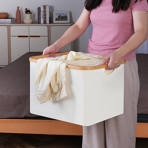 Miniatura 5 de iEGrow Paquete de 2 cestas de almacenamiento, contenedores de almacenamiento plegables con asas de bambú, almacenamiento rectangular para organizar