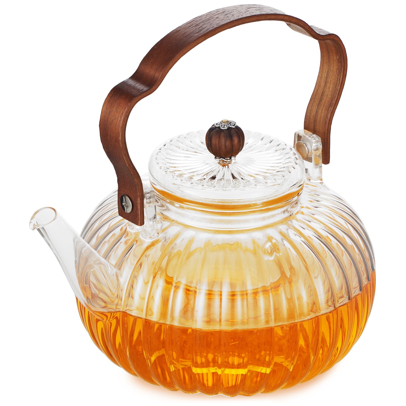 GURUDAR 40OZ/1200ML Glass Pumpkin Teapot with Removable Infuser & Lid, Stovetop & Microwave Safe Clear Borosilicate Glass Tea Maker Water Kettle for Loose Leaf Blooming Tea