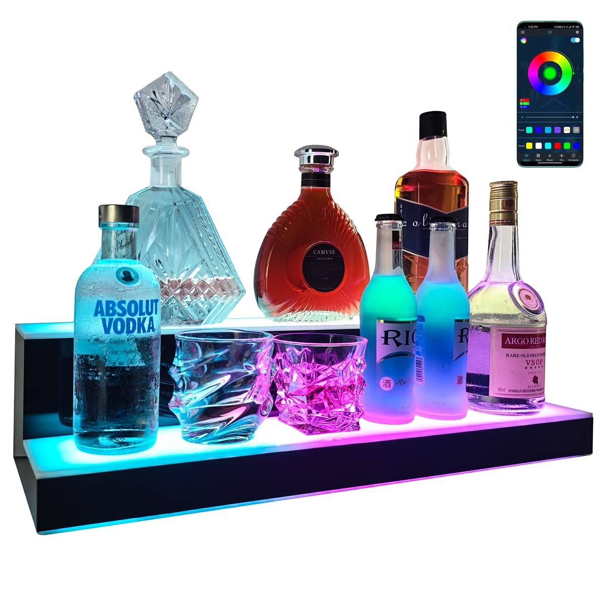 GOH&FTY LED Lighted Liquor Bottle Display Shelf,APP16/24in2Step LED
