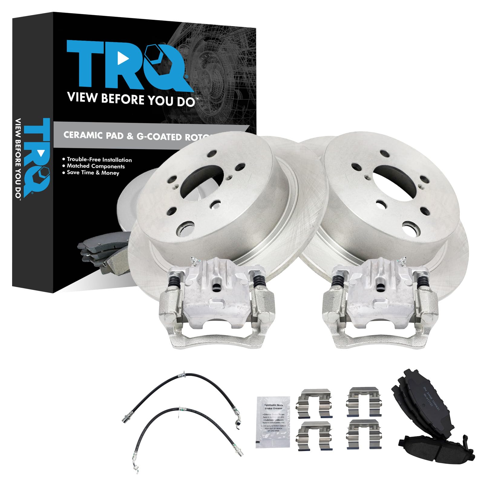 TRQ Rear Brake Pad and Rotor Set Ceramic Coated Rotors Calipers Compatible with 2014-2018 Subaru Forester 2013-2015 XV Crosstrek 2016-2017 Crosstrek