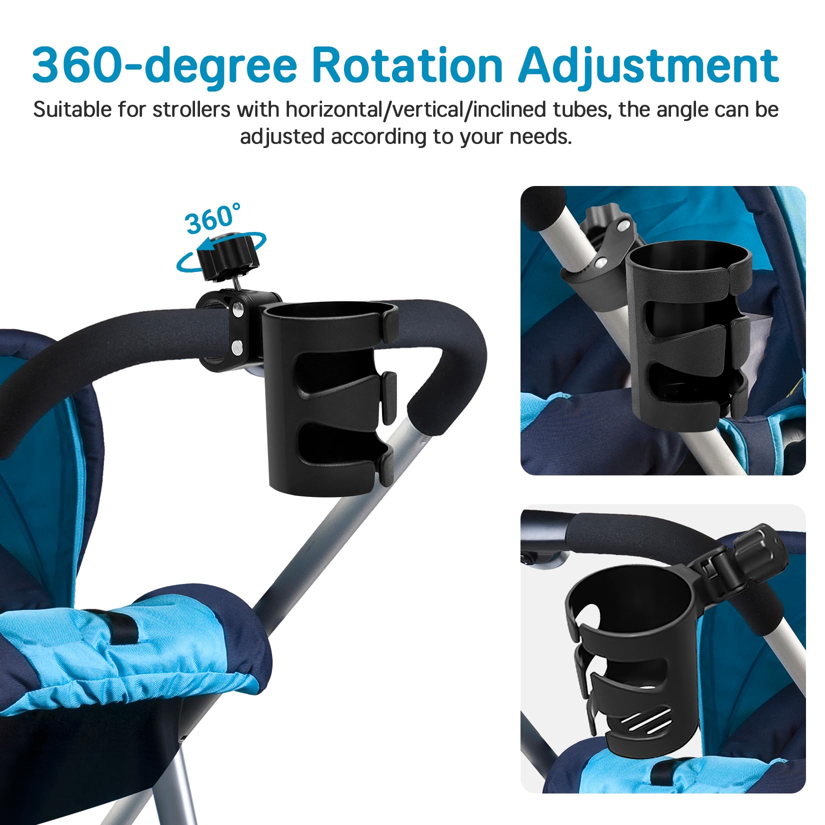 2 Pezzi Portabicchieri per Passeggino con 2 Ganci Universale Regolabile Rotazione a 360 Gradi Portabicchieri per Passeggino Bicicletta Buggy Accessorio per Carrozzine e Sedia a Rotelle