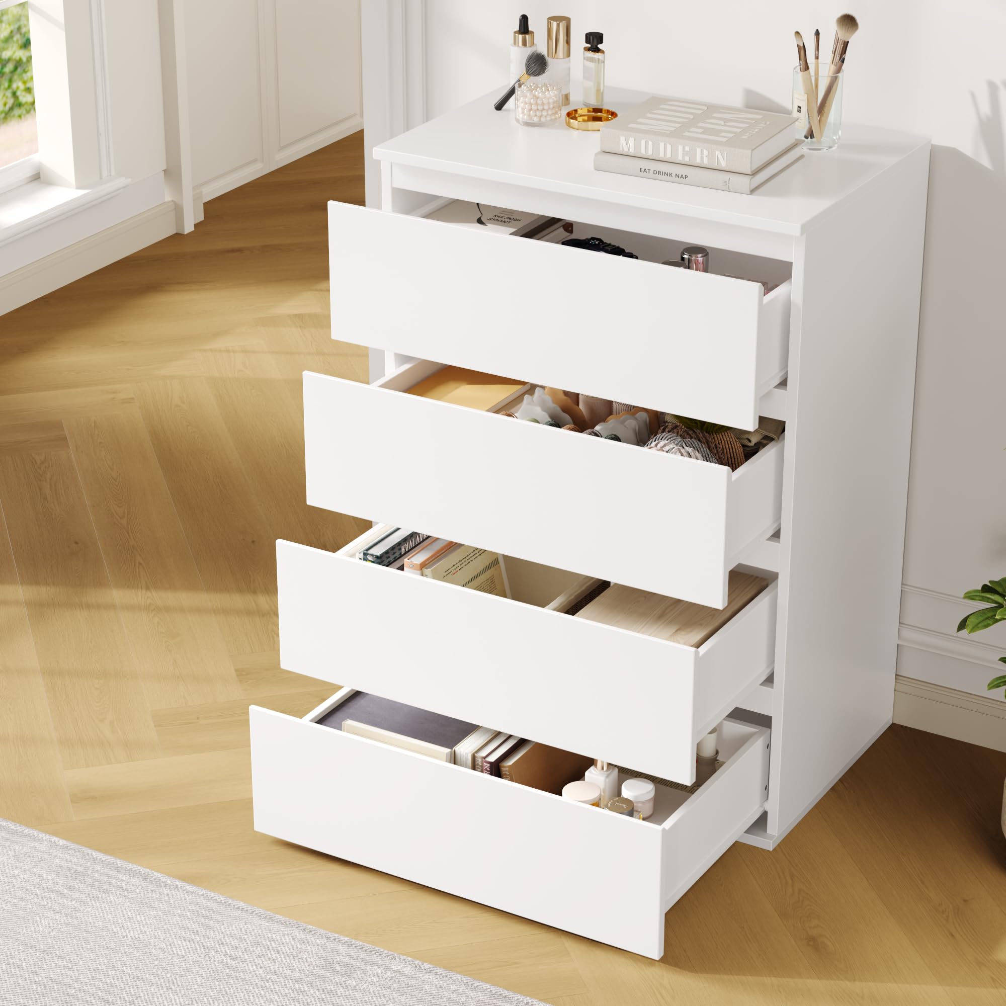 FOREHILL Cassettiera a 4 cassetti,Cassettiera Camera da Letto,Comò e Cassettiere in Legno,Mobiletto con Cassetti per Soggiorno, Camera da Letto, Corridoio, Cucina,60x40x80 cm Bianco