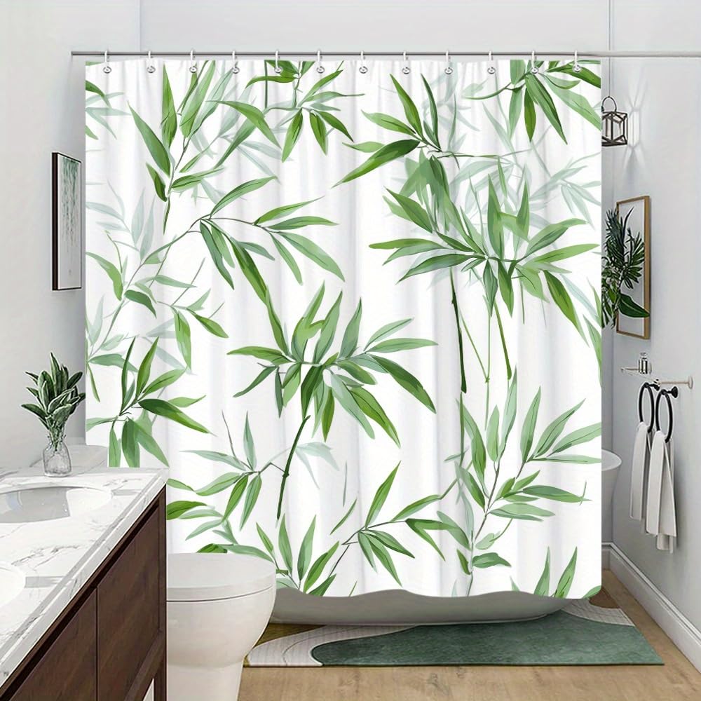 GLWDMB 1 Piece 90x180CM Green Bamboo Leaves Printed Shower Curtain With Hook, Polyester, for Windows And Walls, Bathtub, Bathroom, Machine Washable, All Season Universal