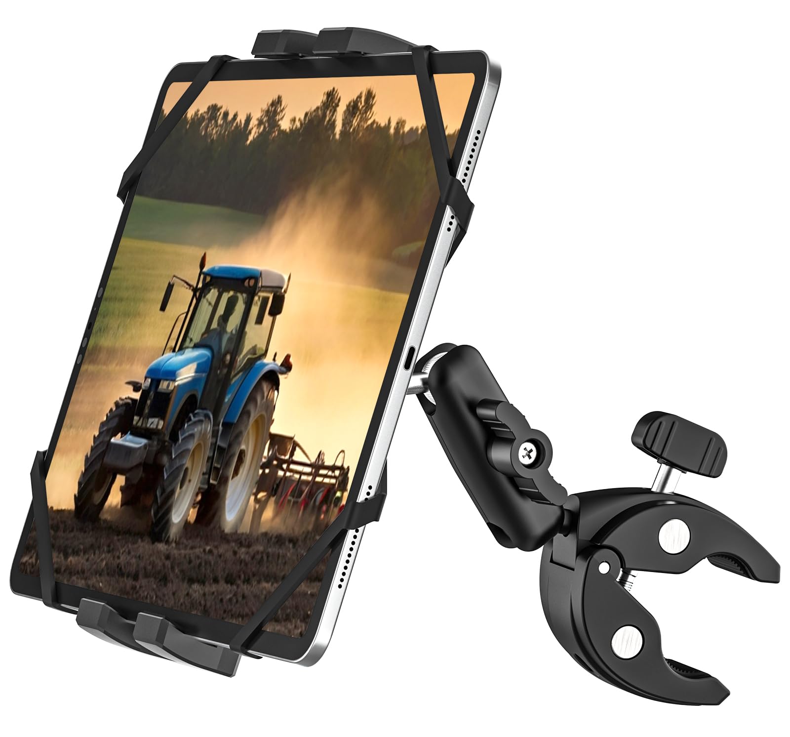 Support Tablette Tracteur Guidon avec Bras Métallique Réglable | Anti-Vibration - Fixation Tablette sur Tube Barre Pôle pour Excavatrice Chargeuse pour iPads, Téléphones, 4-13"