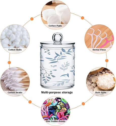 Miniatura 4 de Paquete de 2 dispensadores de soporte Qtip con hojas azules claras, tarro de boticario de plástico transparente de 14 onzas con tapas, accesorios de