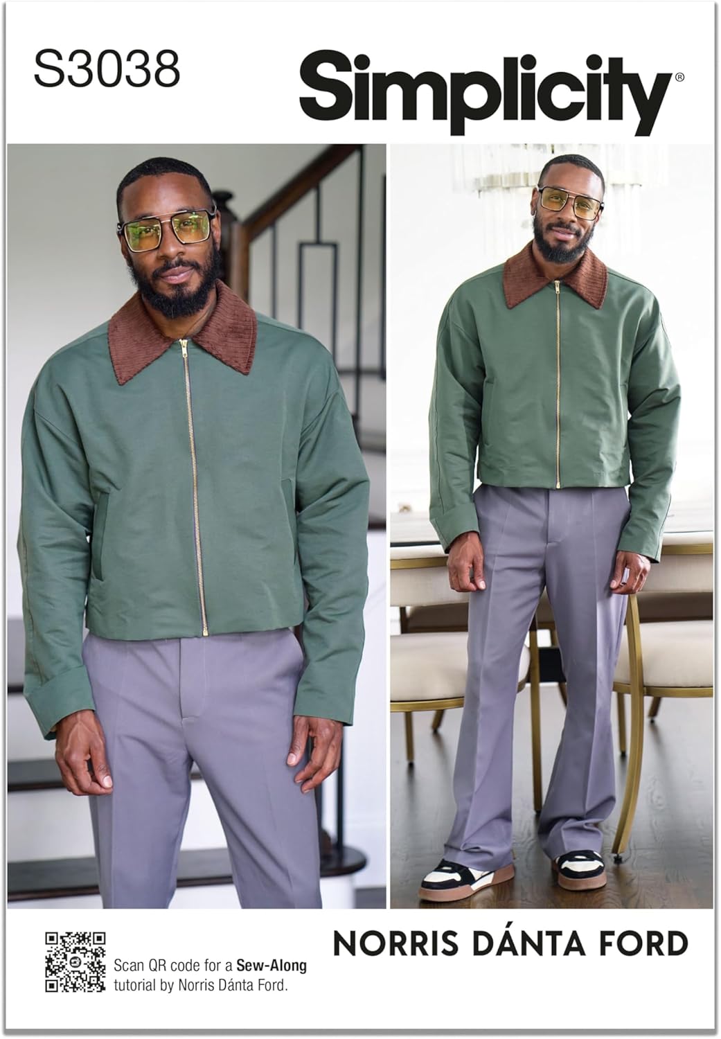 Simplicity SS3038A Men's Loose Fitting Jacket by Norris Dánta Ford Sewing Pattern Packet by Norris Dánta Ford, Design Code S3038, Sizes S-M-L-XL-XXL, Multicolor