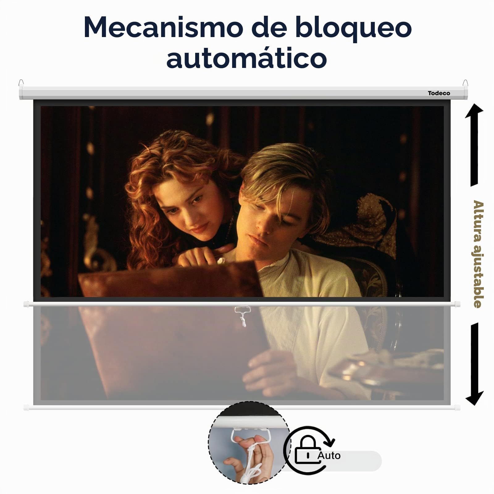 Todeco Pantalla Proyector Manual 84 Pulgada, Enrollable | Bloqueo automático, altura ajustable, manual plegable, HD 4K y 3D, formatos 4:3/16:9, montaje en pared o techo